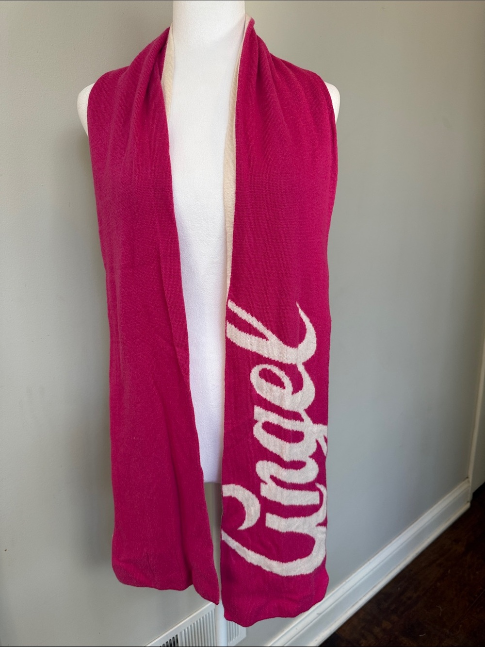 Victoria's Secret Hot Pink & Cream Logo Cashmere Knit Scarf